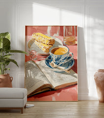 Breakfast still life poster featuring a cup of coffee, an open book, pastries, and a glass of water on a pink table. - Image 3