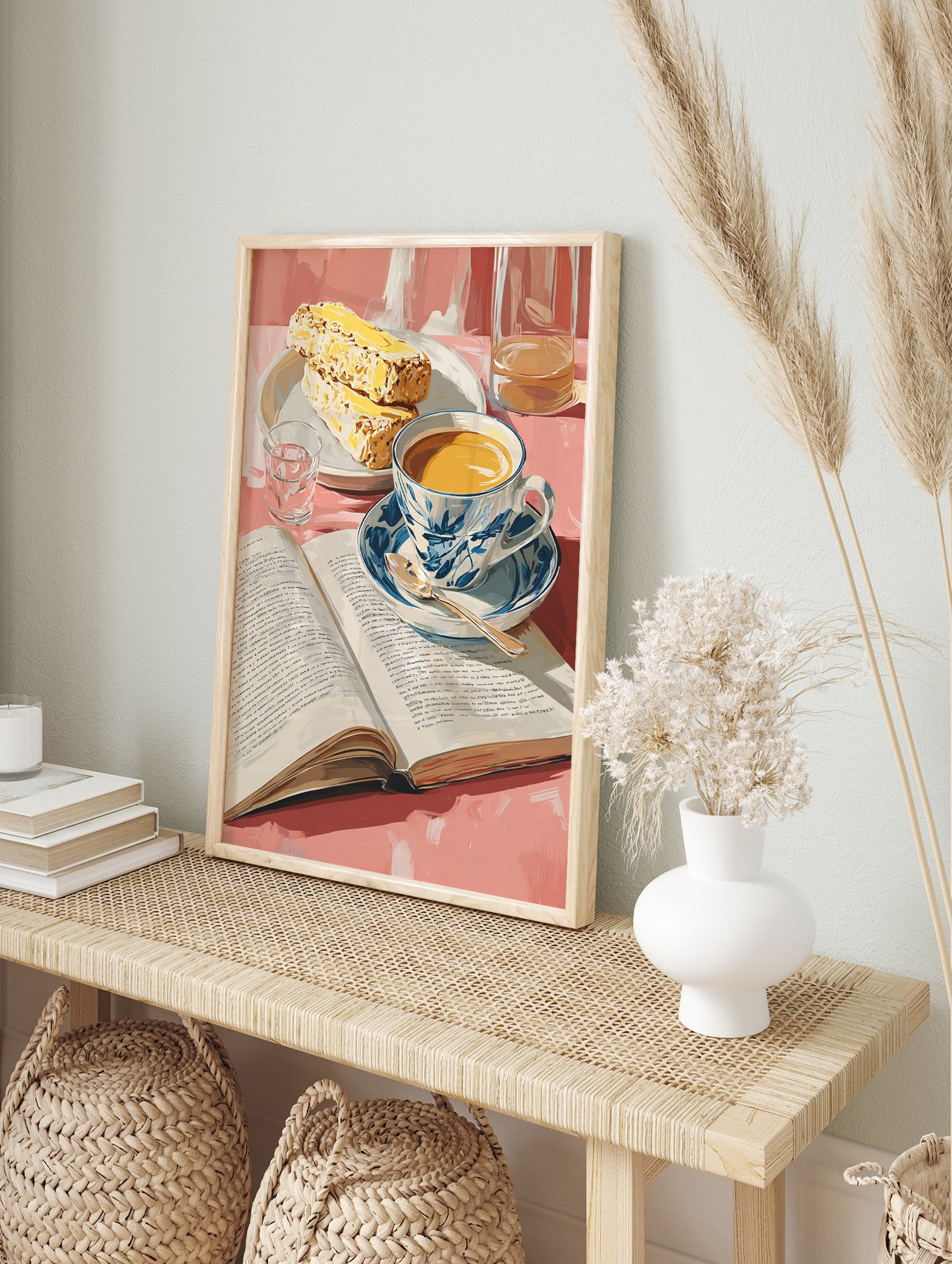 Breakfast still life poster featuring a cup of coffee, an open book, pastries, and a glass of water on a pink table. - Image 4