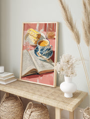 Breakfast still life poster featuring a cup of coffee, an open book, pastries, and a glass of water on a pink table. - Image 4