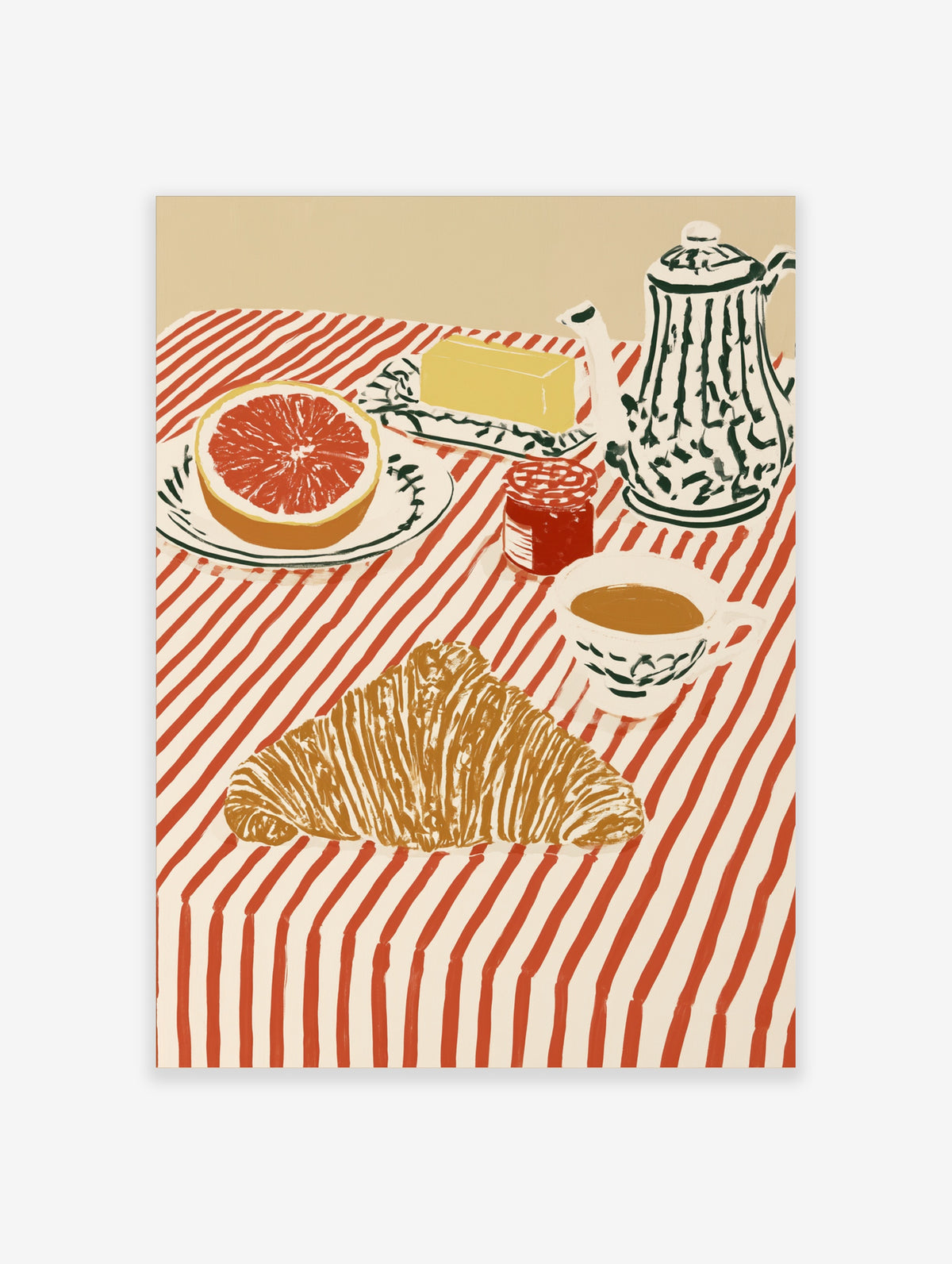 Breakfast still life art print with croissant, grapefruit, butter, jam, coffee and teapot on red striped cloth
