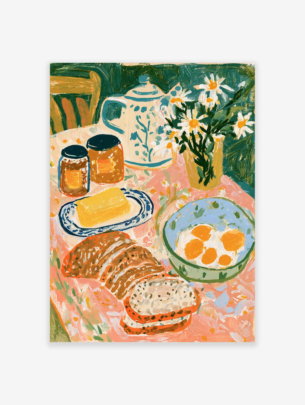 Breakfast still life poster with eggs, bread, butter, jam, teapot and daisies on a pink tablecloth