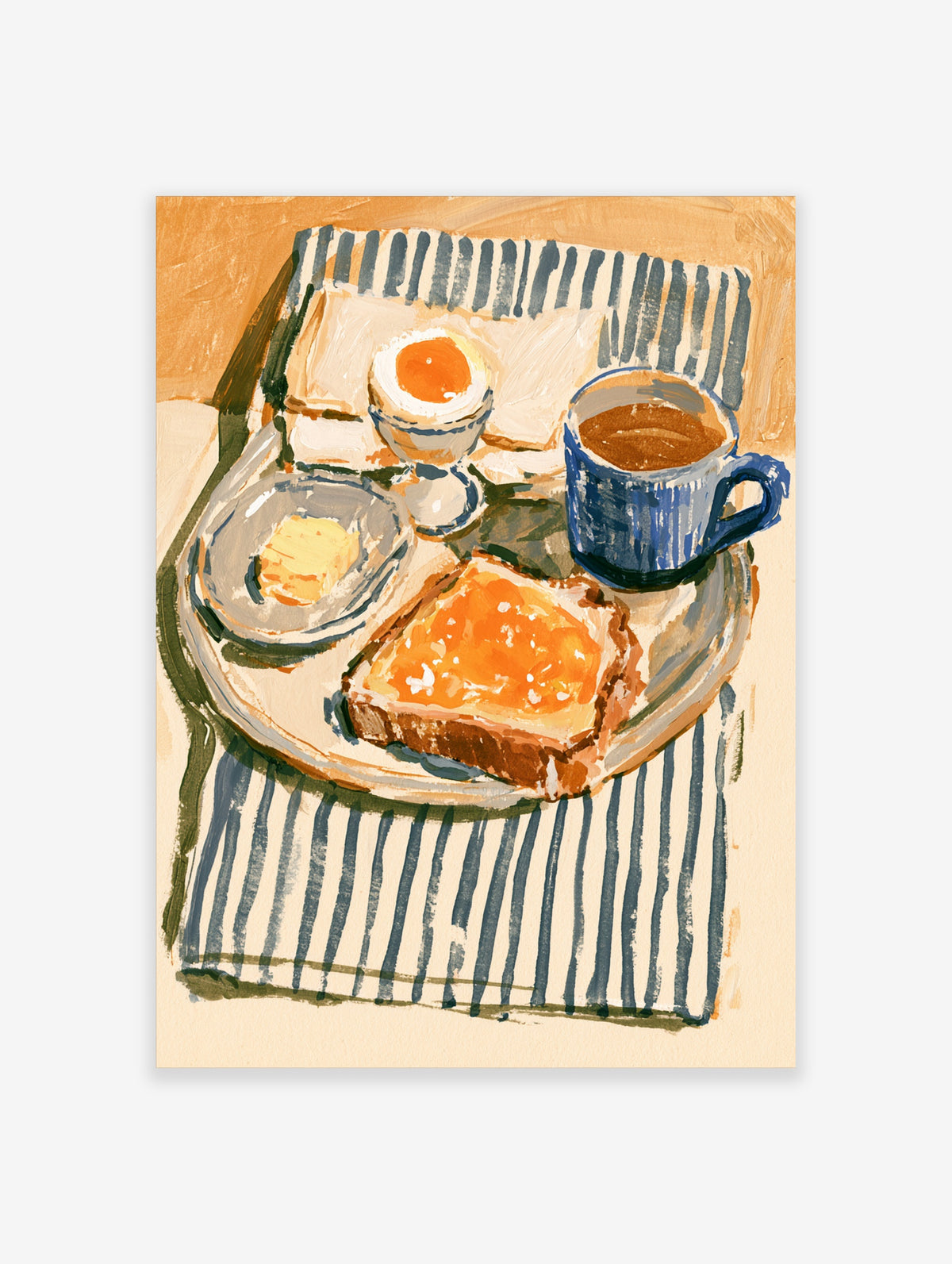 Breakfast still life poster with boiled egg, toast, butter and blue coffee mug on striped cloth