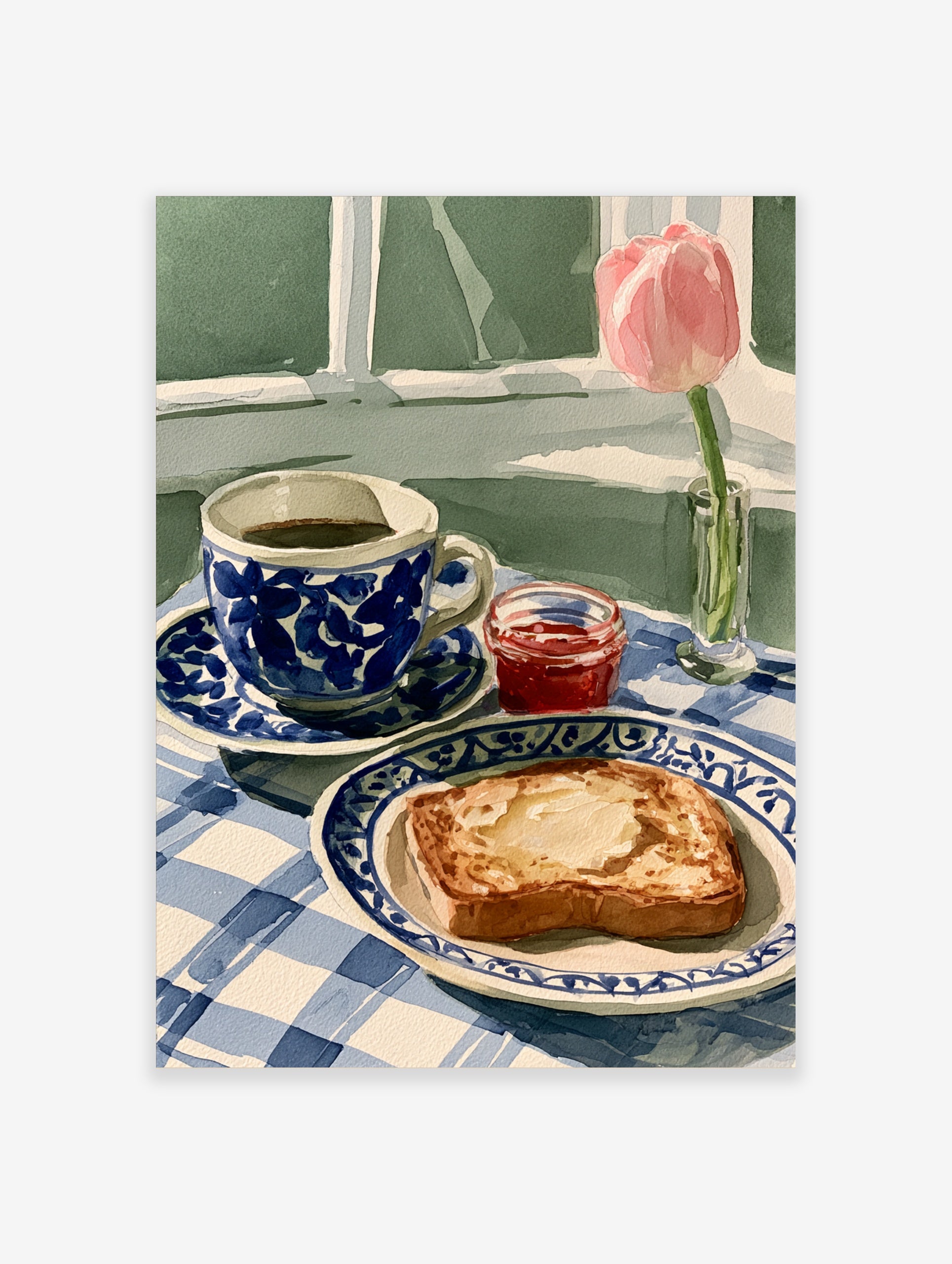 Watercolour-style still life illustration of coffee, toast, jam, and a pink tulip on a blue checkered tablecloth