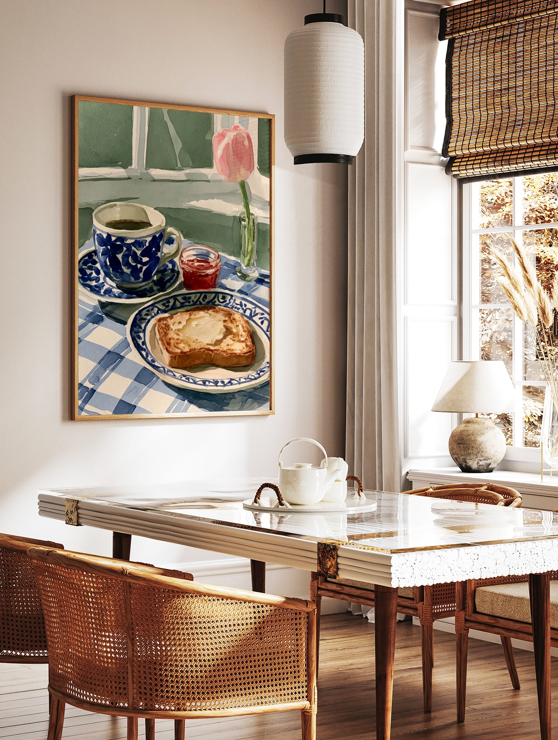 Watercolour-style still life illustration of coffee, toast, jam, and a pink tulip on a blue, in a styled room mockup