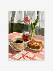 Watercolour illustration of a pink tulip, coffee, and buttered toast on a red and white checkered tablecloth