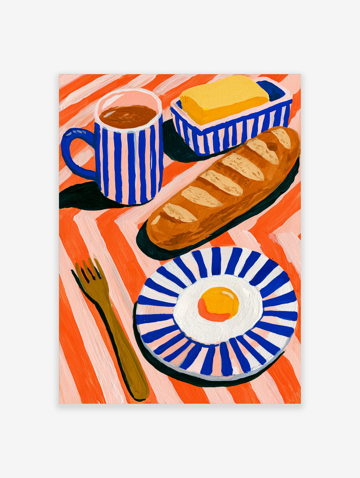 Breakfast still life illustration with baguette, fried egg, and coffee on a striped orange tablecloth art print