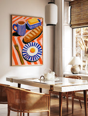 Breakfast still life illustration with baguette, fried egg, and coffee on a striped orange, in a styled room mockup