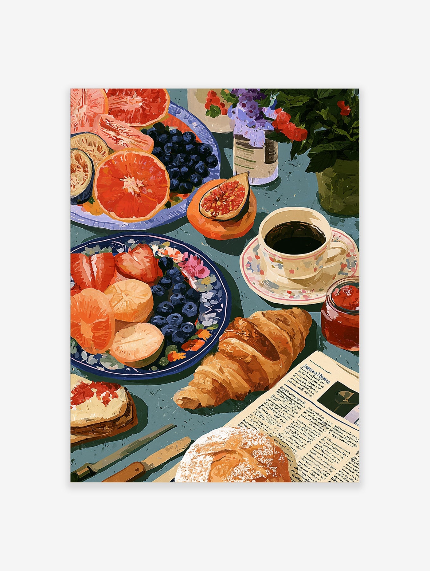 Still life breakfast illustration with fruit, croissant, and coffee on a blue table, vibrant painterly style wall art