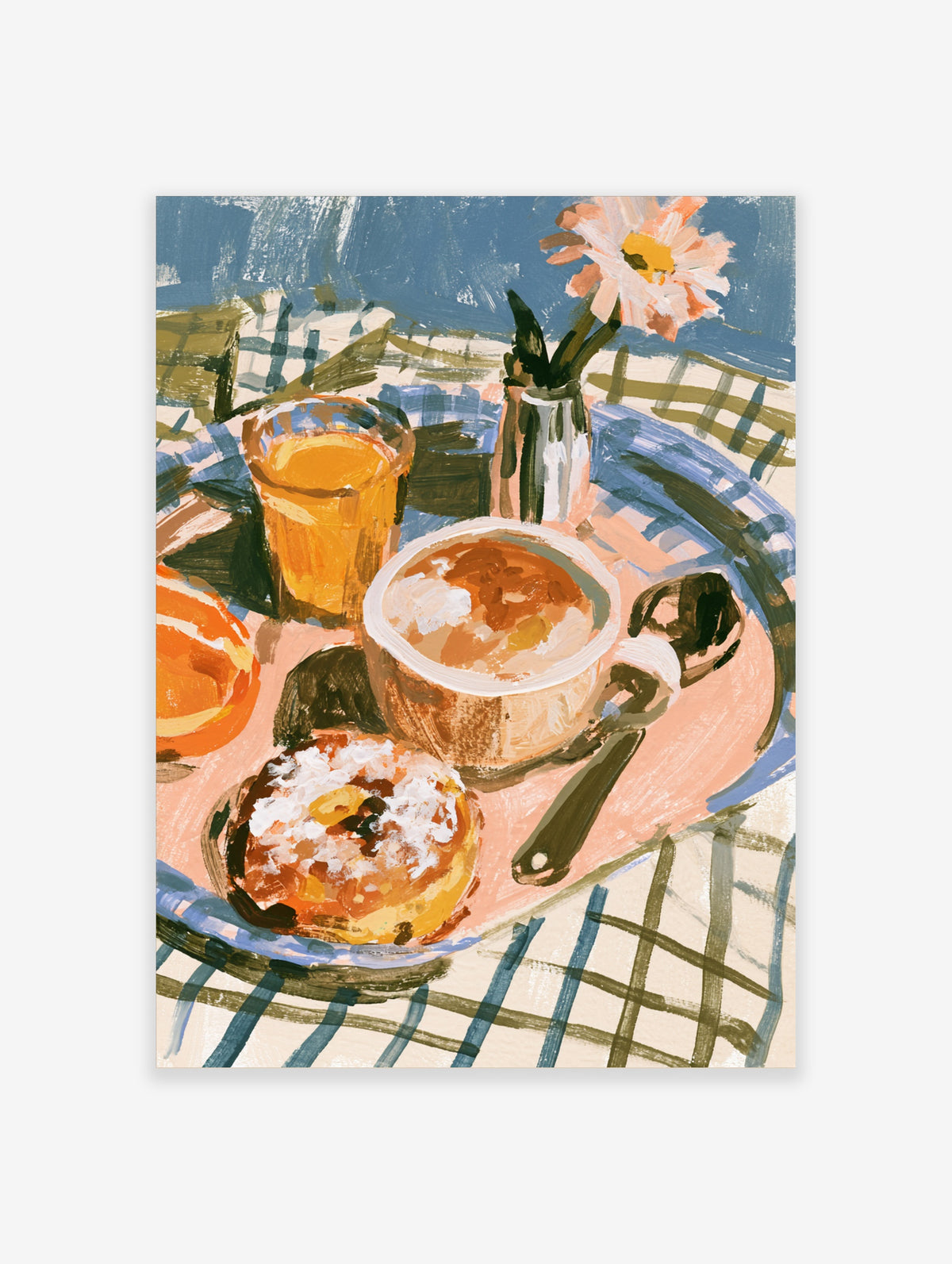 Breakfast still life art print with orange juice, pastries, bowl, spoon, and flower on a checked tablecloth