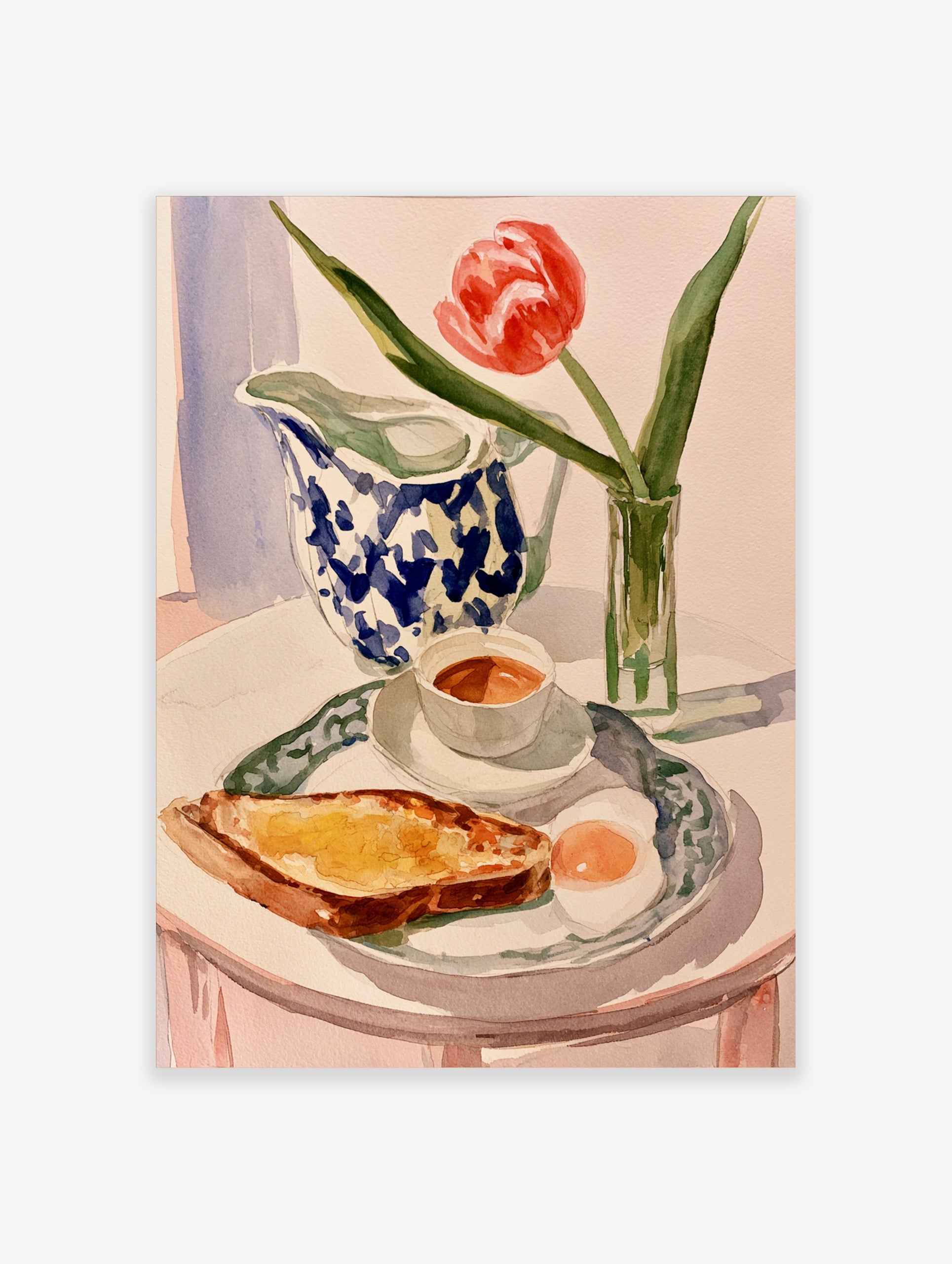 Watercolor painting of a breakfast table with a red tulip, blue-and-white jug, toast, and egg on a white background