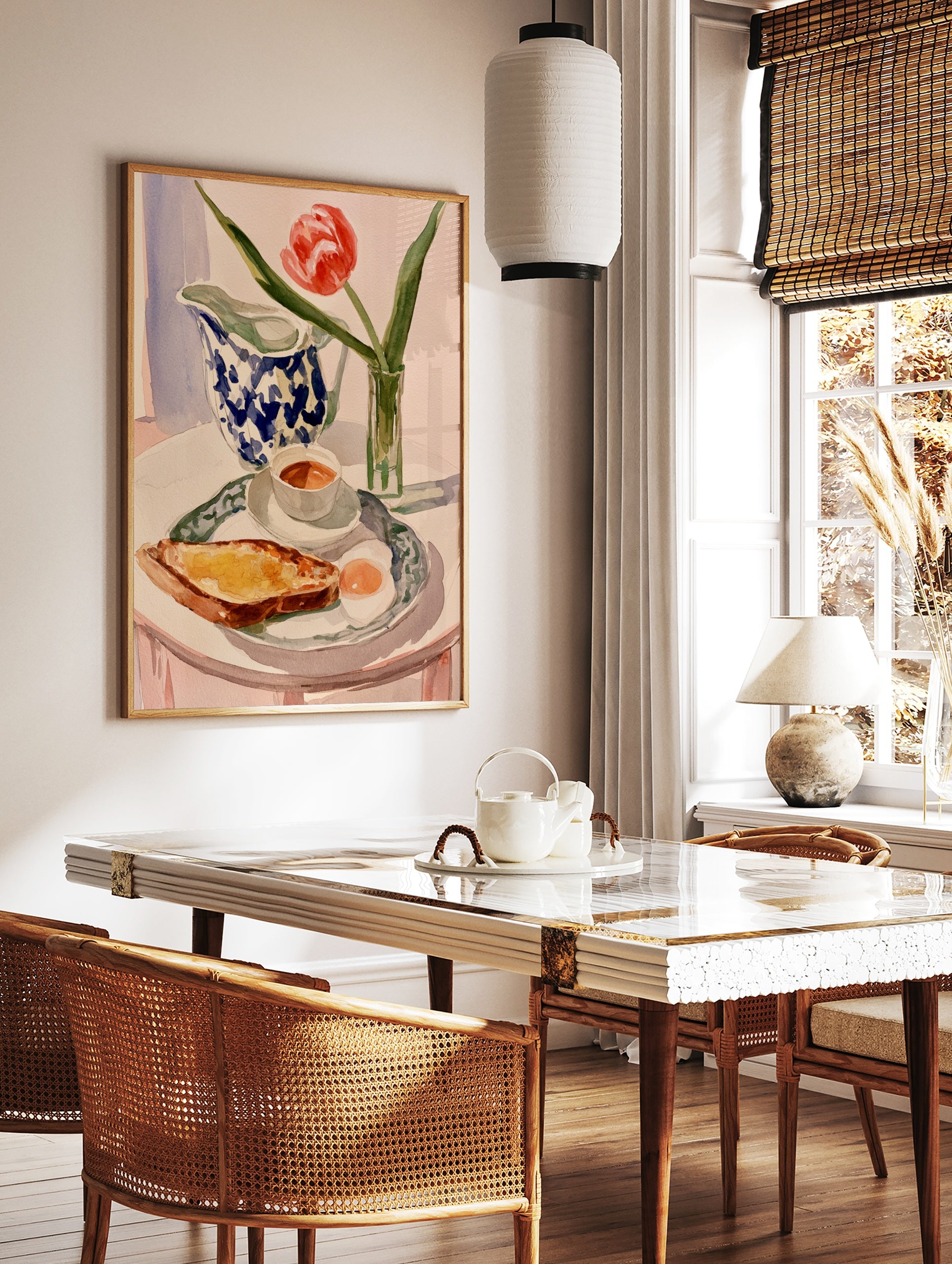 Watercolor painting of a breakfast table with a red tulip, blue-and-white jug, toast, and egg on a, in a styled room mockup
