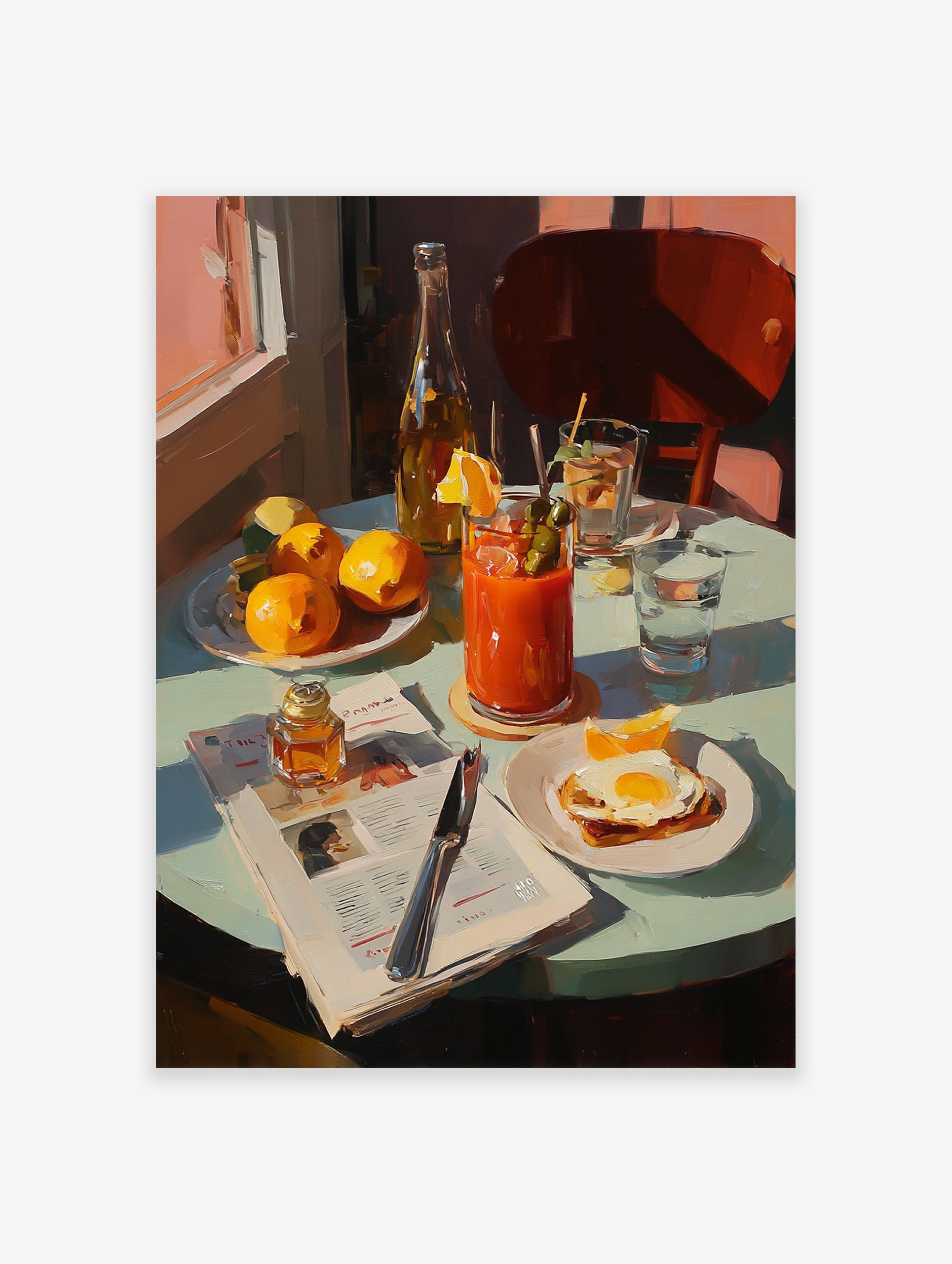 Breakfast table poster with a Bloody Mary, fried egg, oranges, and newspaper in an impressionistic painting style.