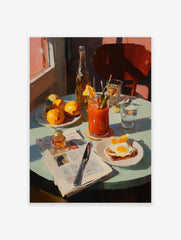 Breakfast table poster with a Bloody Mary, fried egg, oranges, and newspaper in an impressionistic painting style.