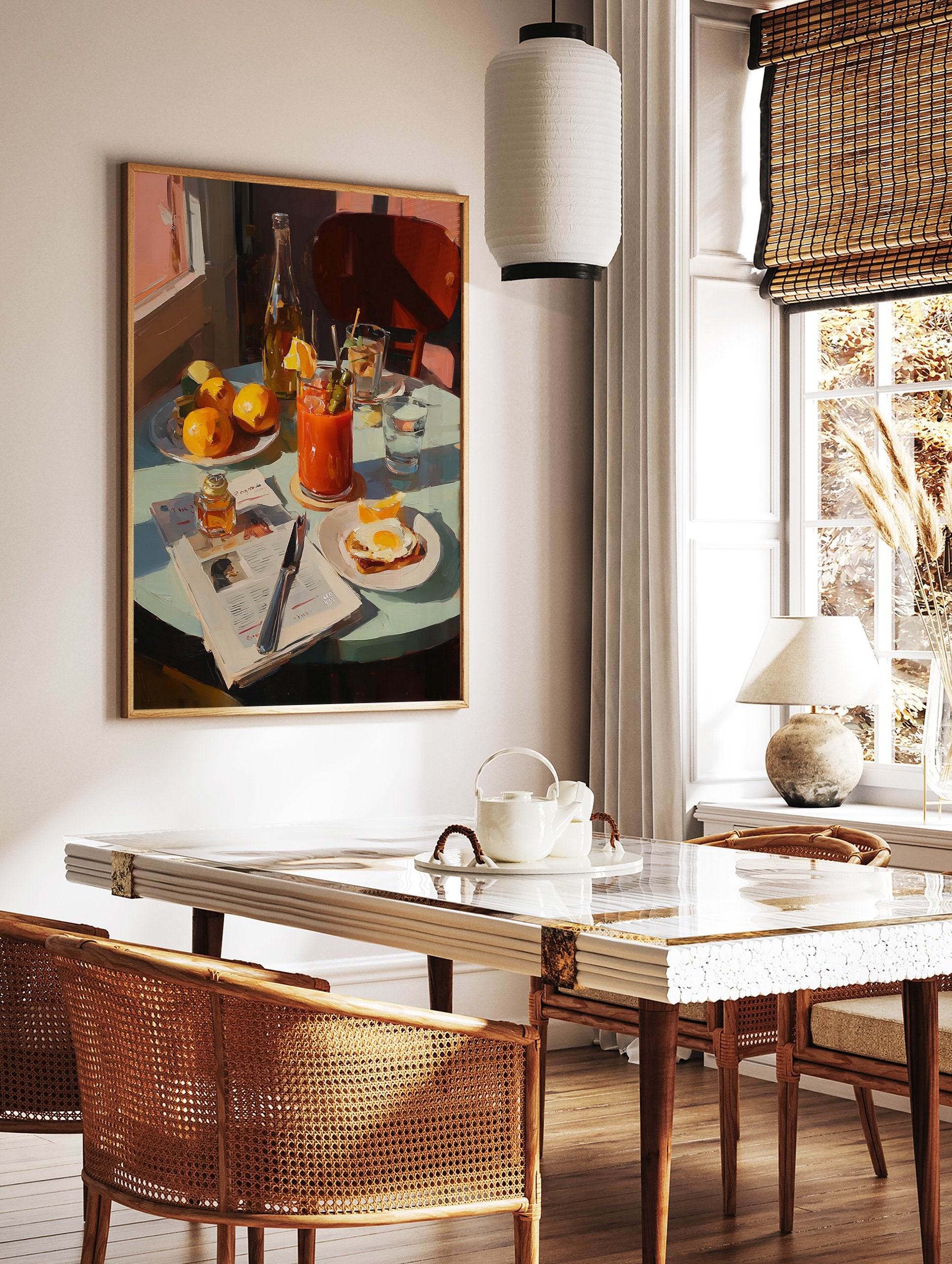 Breakfast table poster with a Bloody Mary, fried egg, oranges, and newspaper in an impressionistic painting style. - Image 2