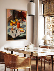 Breakfast table poster with a Bloody Mary, fried egg, oranges, and newspaper in an impressionistic painting style. - Image 2