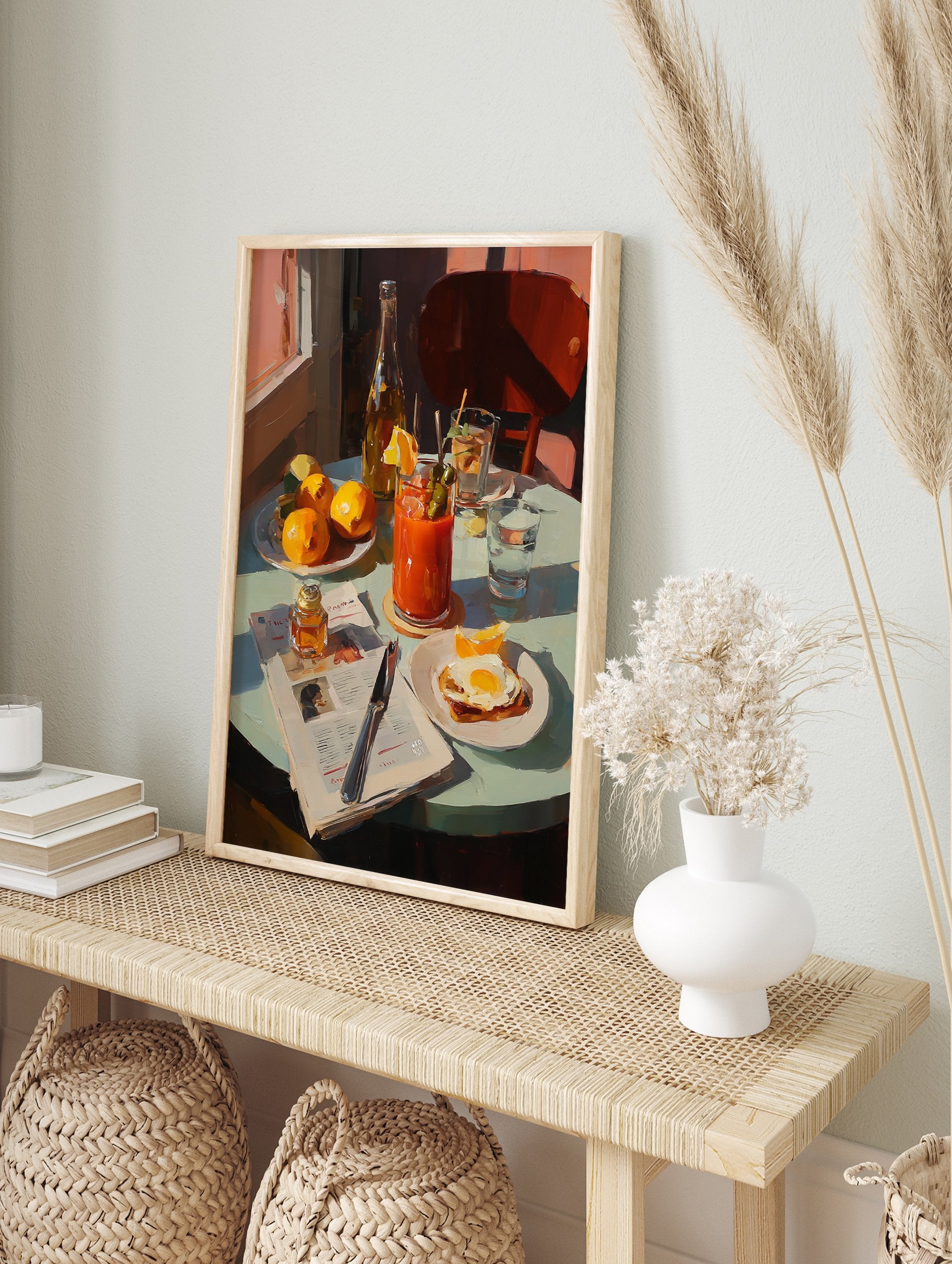 Breakfast table poster with a Bloody Mary, fried egg, oranges, and newspaper in an impressionistic painting style. - Image 4