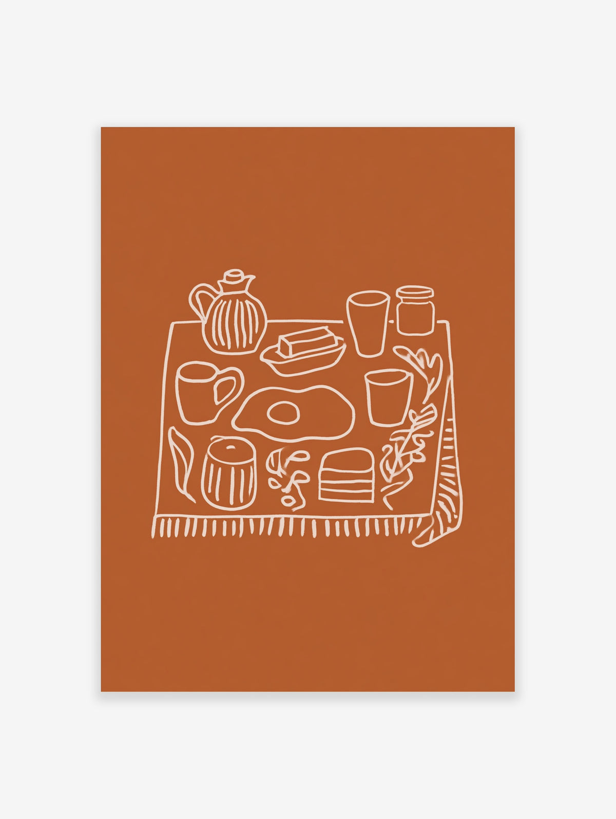 White line art breakfast table with teapot, fried egg, toast, mugs and fringed tablecloth on orange background
