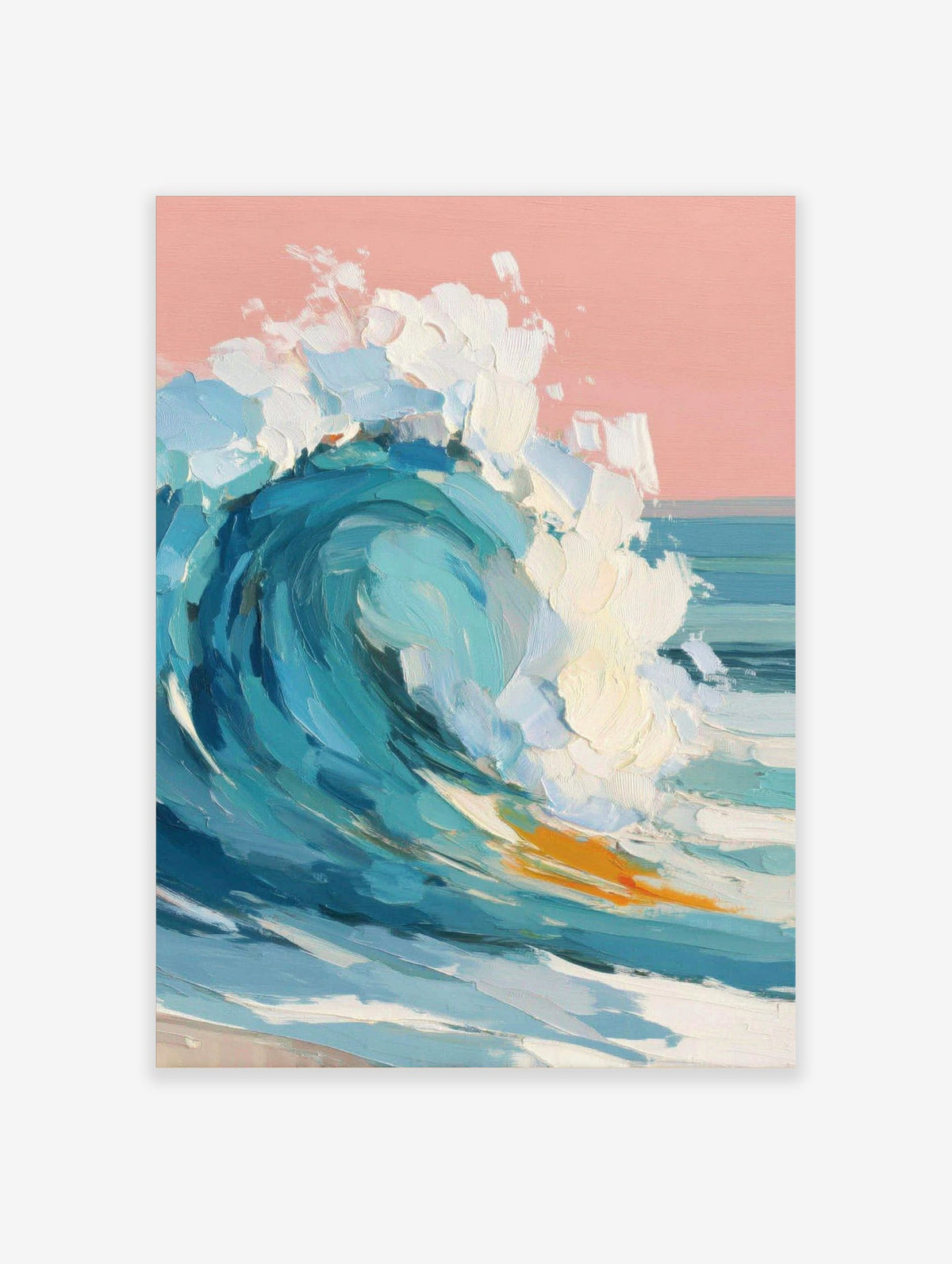 Textured impasto painting of a large breaking ocean wave with blue water, white foam, and a pink sky