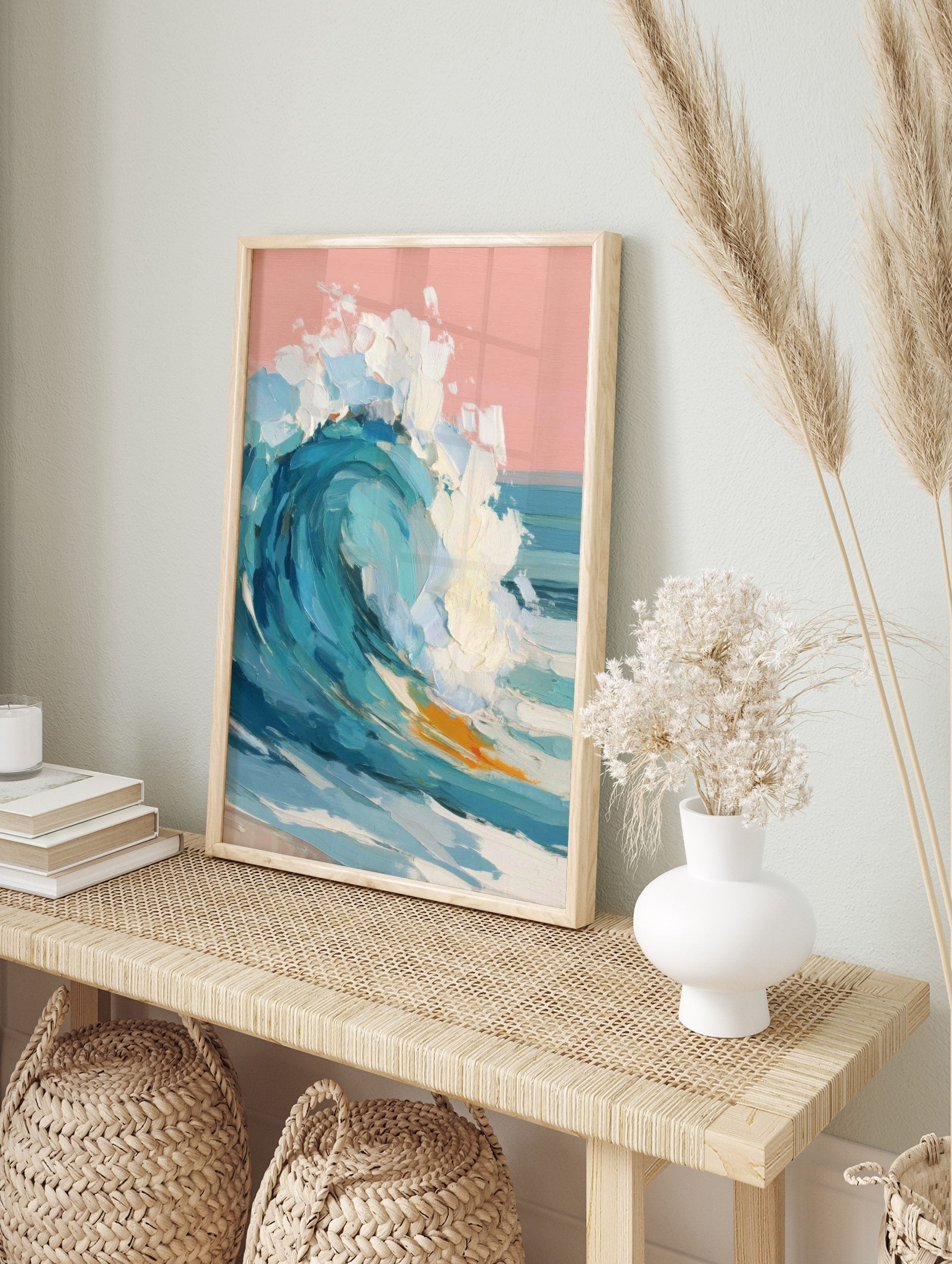 Textured impasto painting of a large breaking ocean wave with blue water, white foam, and a, in an alternate framed mockup