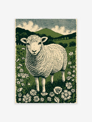 Illustrative British lamb in a wildflower meadow with green hills and striped sky in linocut style
