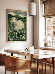 Illustrative British lamb in a wildflower meadow with green hills and striped sky in linocut style, in a styled room mockup