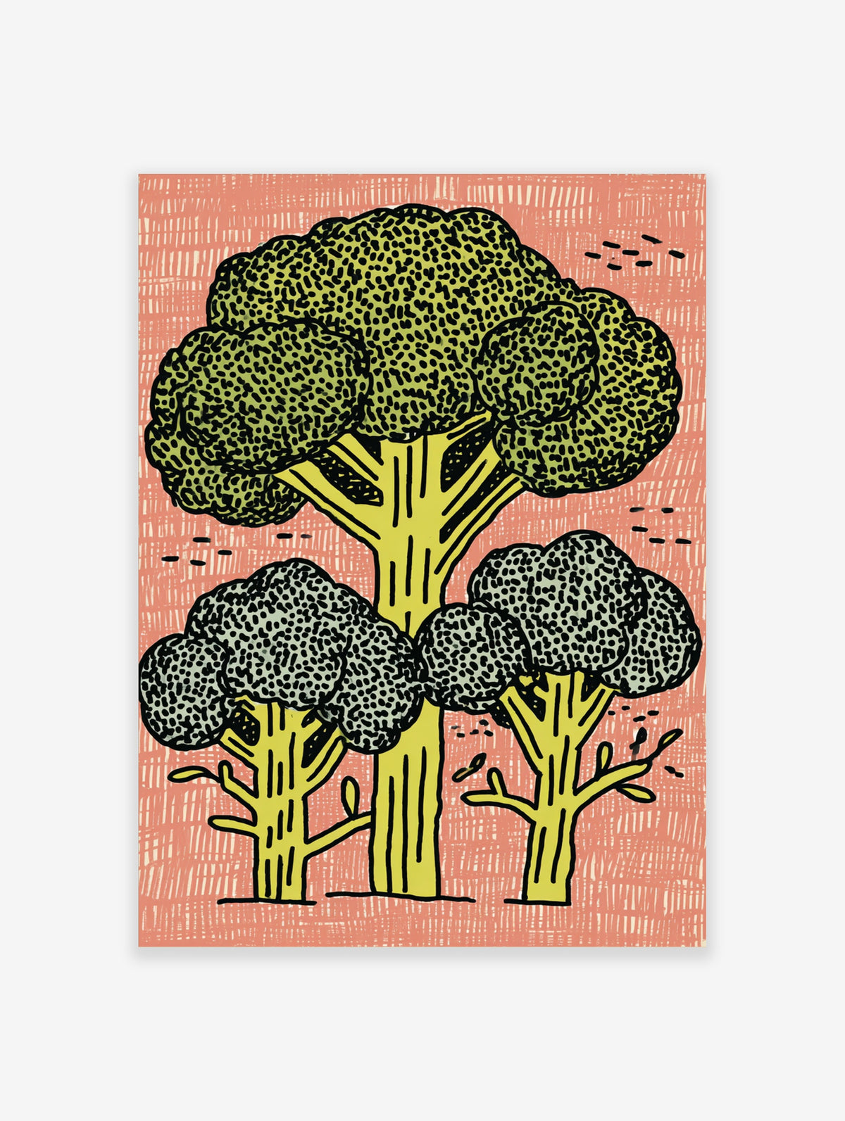 Whimsical broccoli tree illustration with green and grey canopies, yellow trunks, on salmon pink background with black