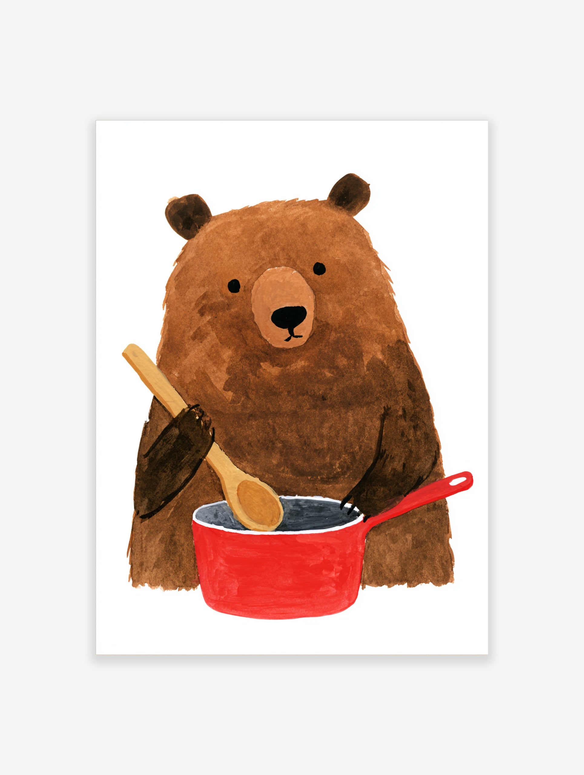 Brown bear holding a wooden spoon while cooking in a red pot illustration wall art print