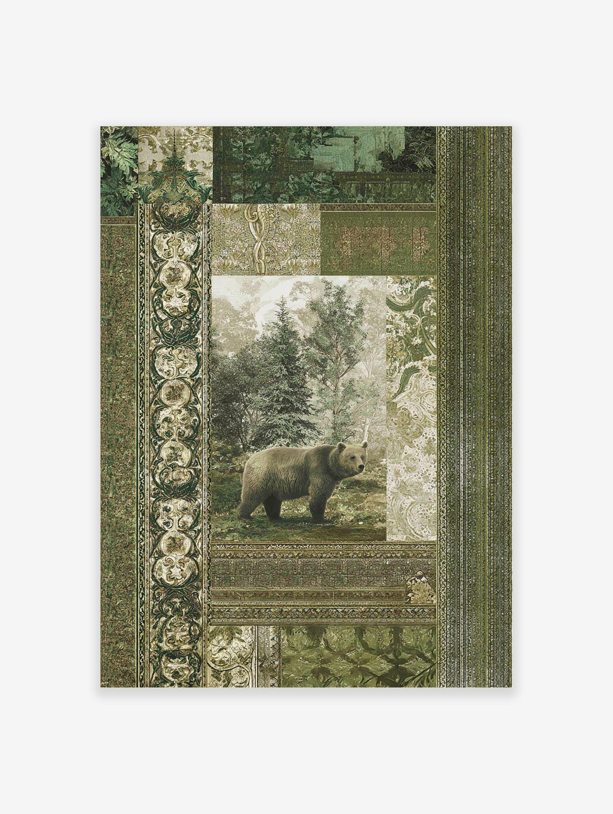 Brown bear standing in a misty forest, surrounded by ornate green and beige botanical patterns on a wall art print