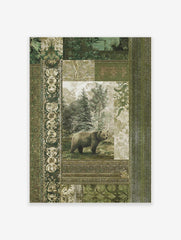 Brown bear standing in a misty forest, surrounded by ornate green and beige botanical patterns on a wall art print