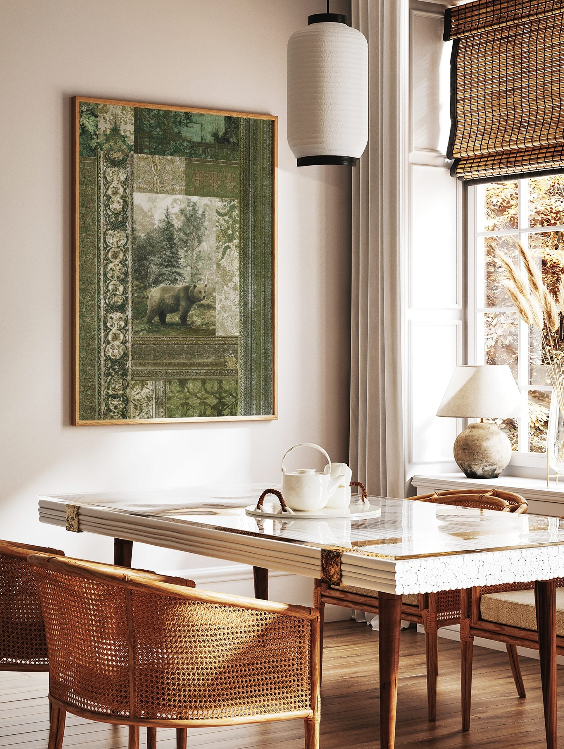 Brown bear standing in a misty forest, surrounded by ornate green and beige botanical patterns on a, in a styled room mockup