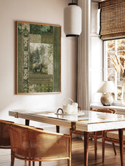 Brown bear standing in a misty forest, surrounded by ornate green and beige botanical patterns on a, in a styled room mockup