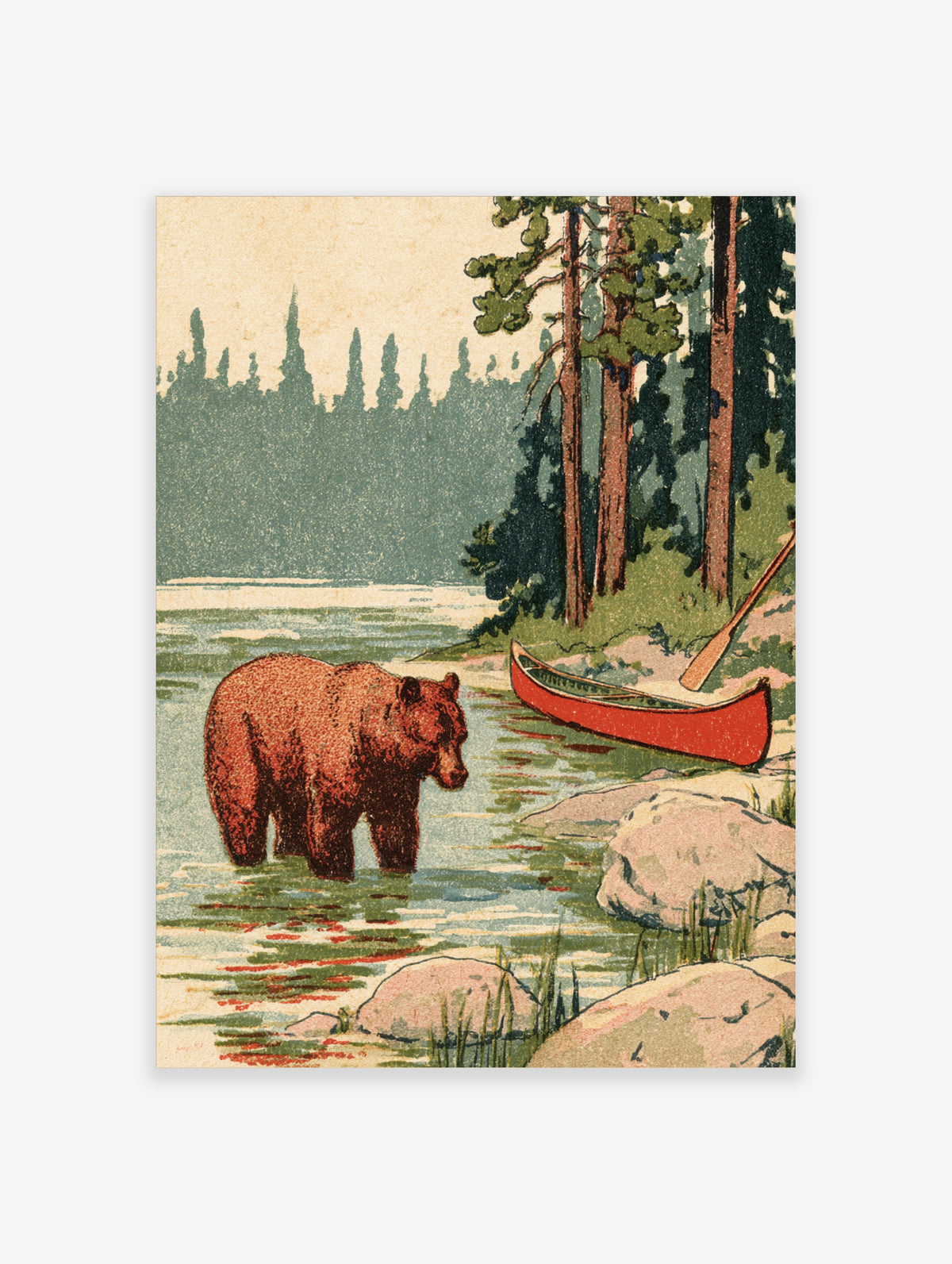 Brown bear wading in lake water beside red canoe and pine trees, vintage illustration art print
