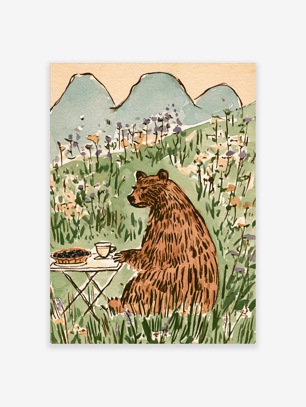 Brown bear sitting by a table with blueberry pie and teacup in a wildflower meadow, whimsical watercolour poster