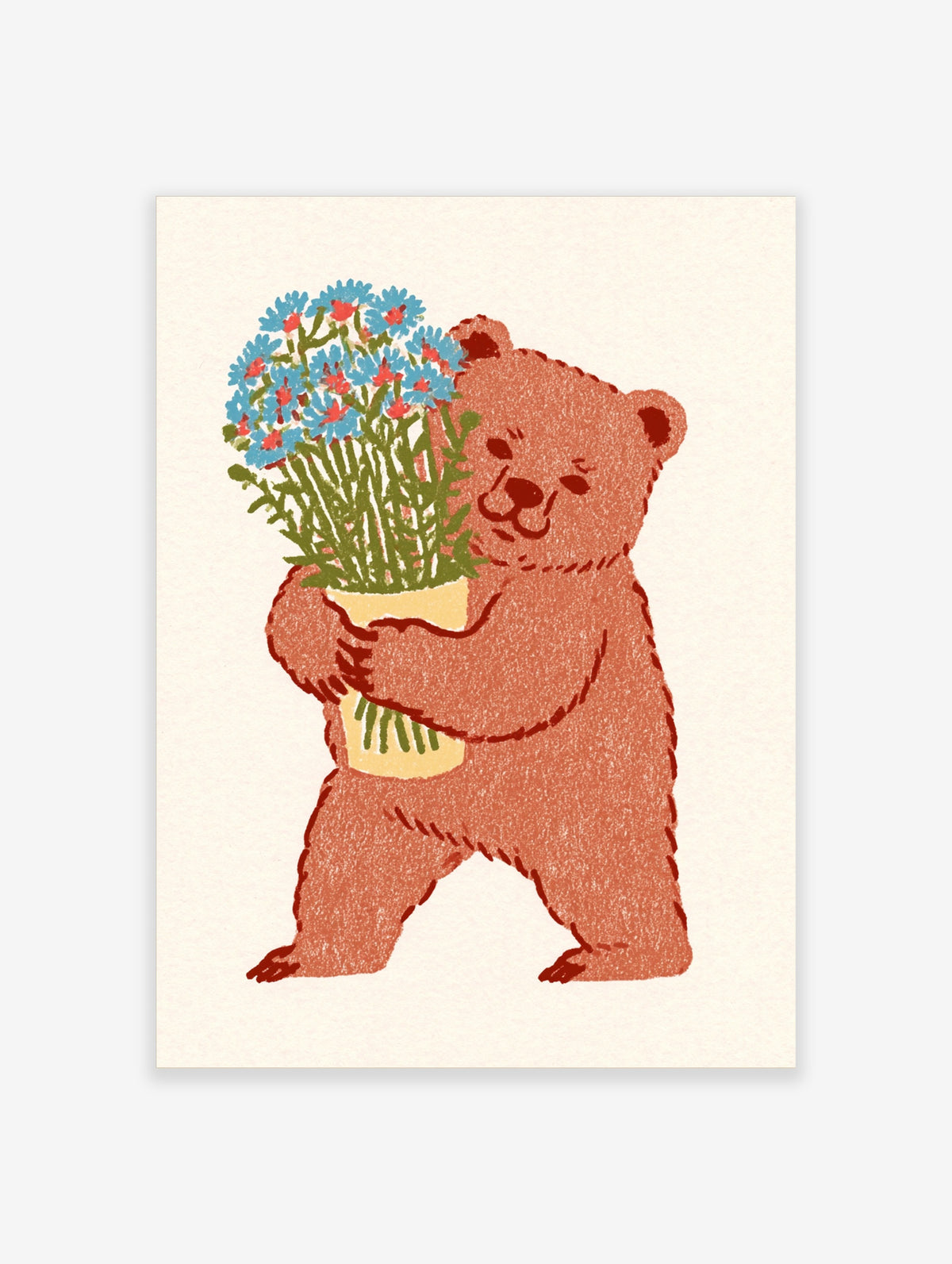 Brown bear holding yellow vase with blue and red flowers, textured illustration on white background