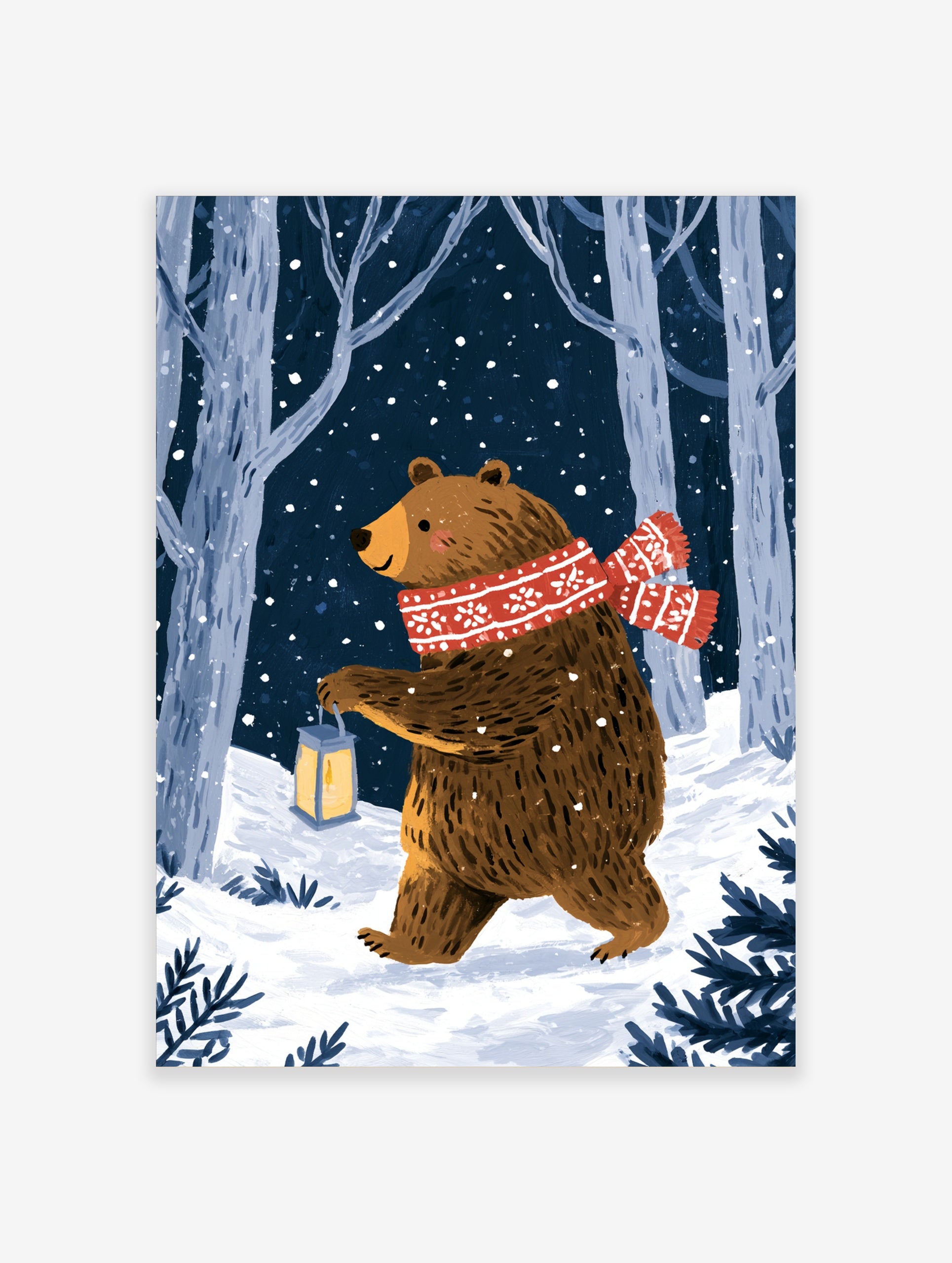 Illustrative print of a brown bear with a red scarf and lantern in a snowy forest at night