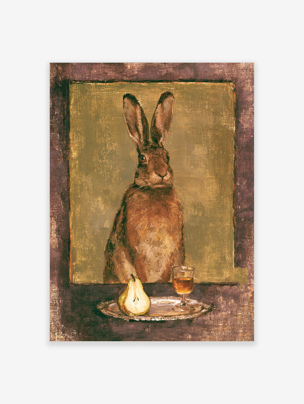 Brown hare portrait art print with pear and glass on silver tray against olive-gold background