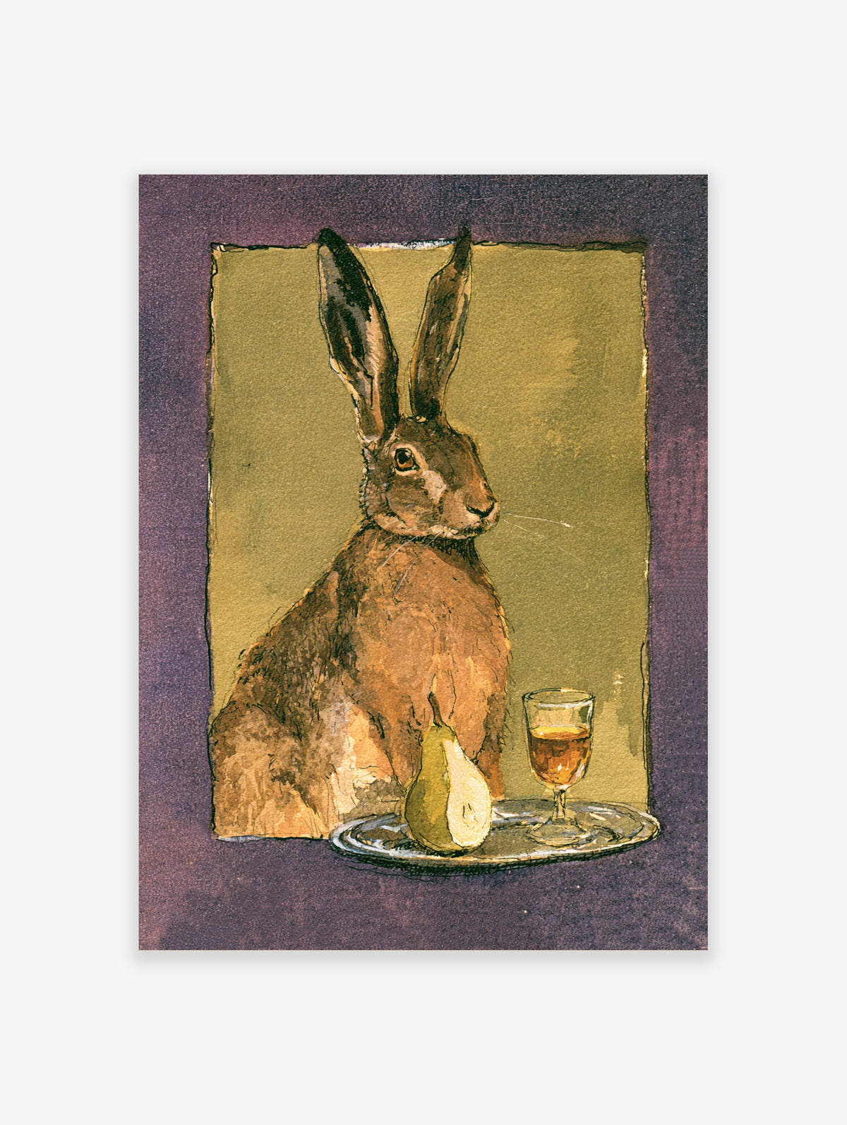 Brown hare art print with seated hare, pear, and amber drink on tray, olive background