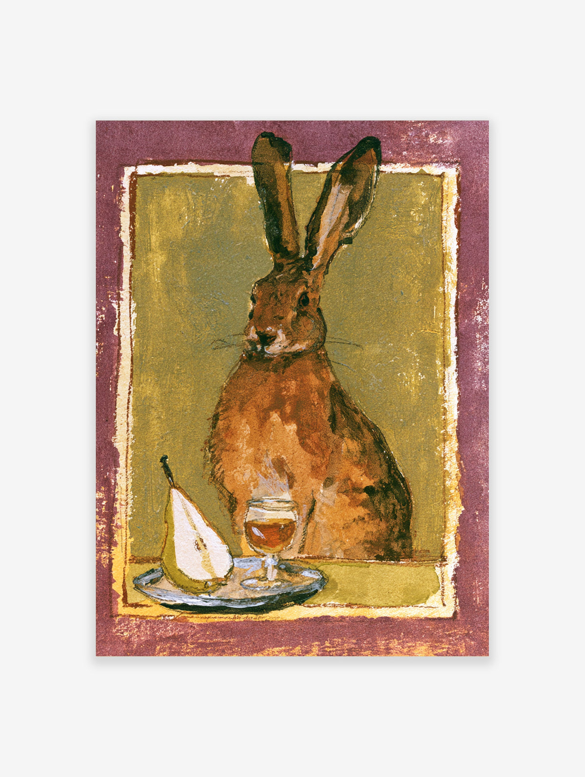 Brown hare sitting beside a halved pear and glass of amber liquid on a tray, animal art print