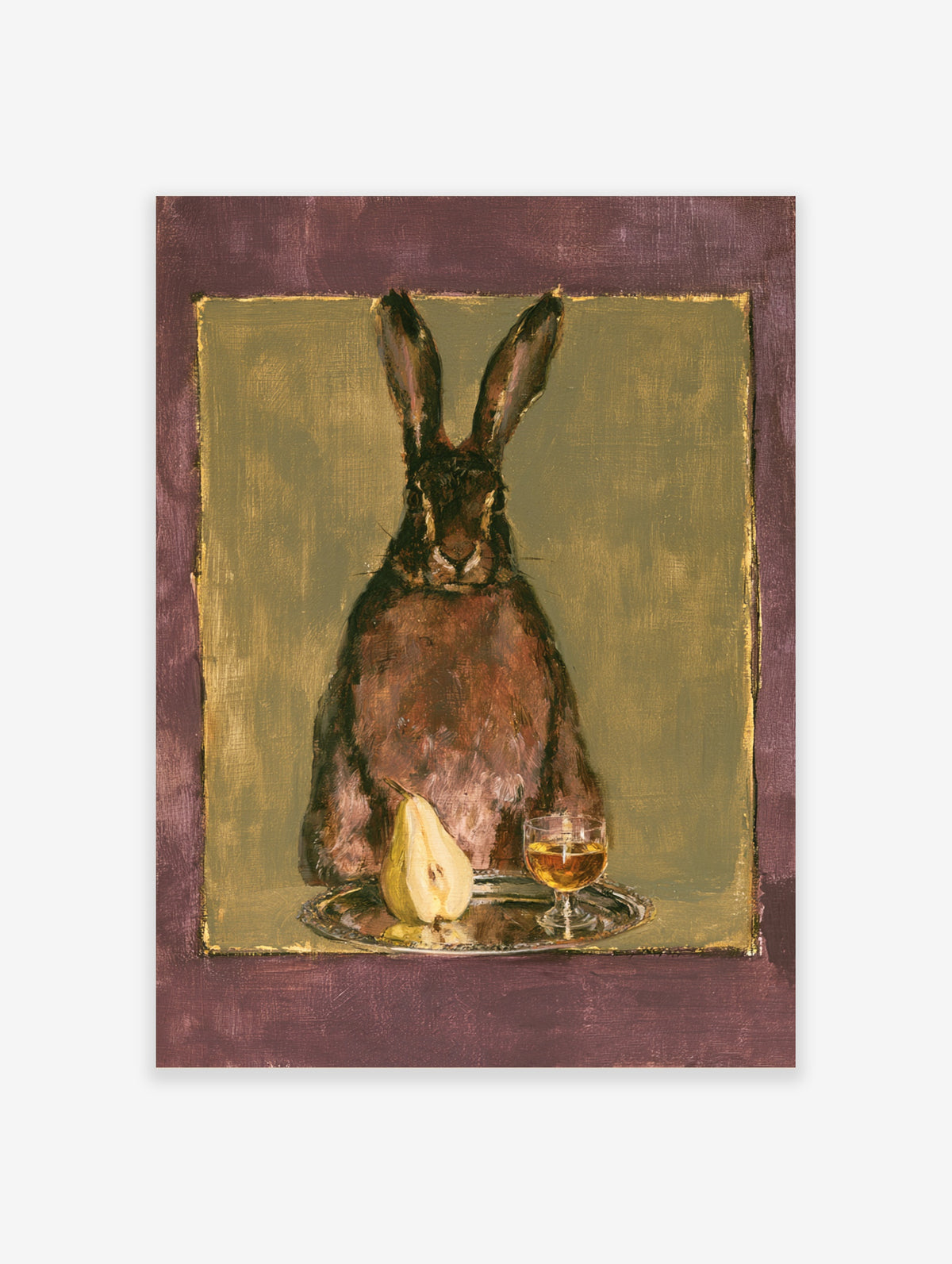 Brown hare portrait with pear and glass on silver tray, olive green background, animal poster print