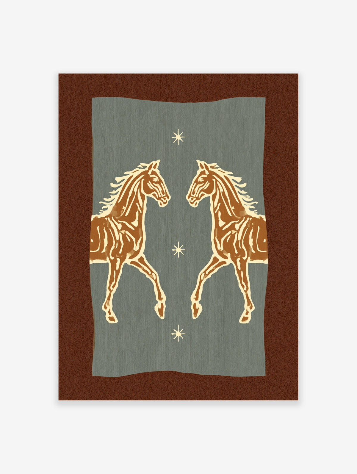 Symmetrical brown horse art print with two facing horses, cream line details, and starburst motifs on teal