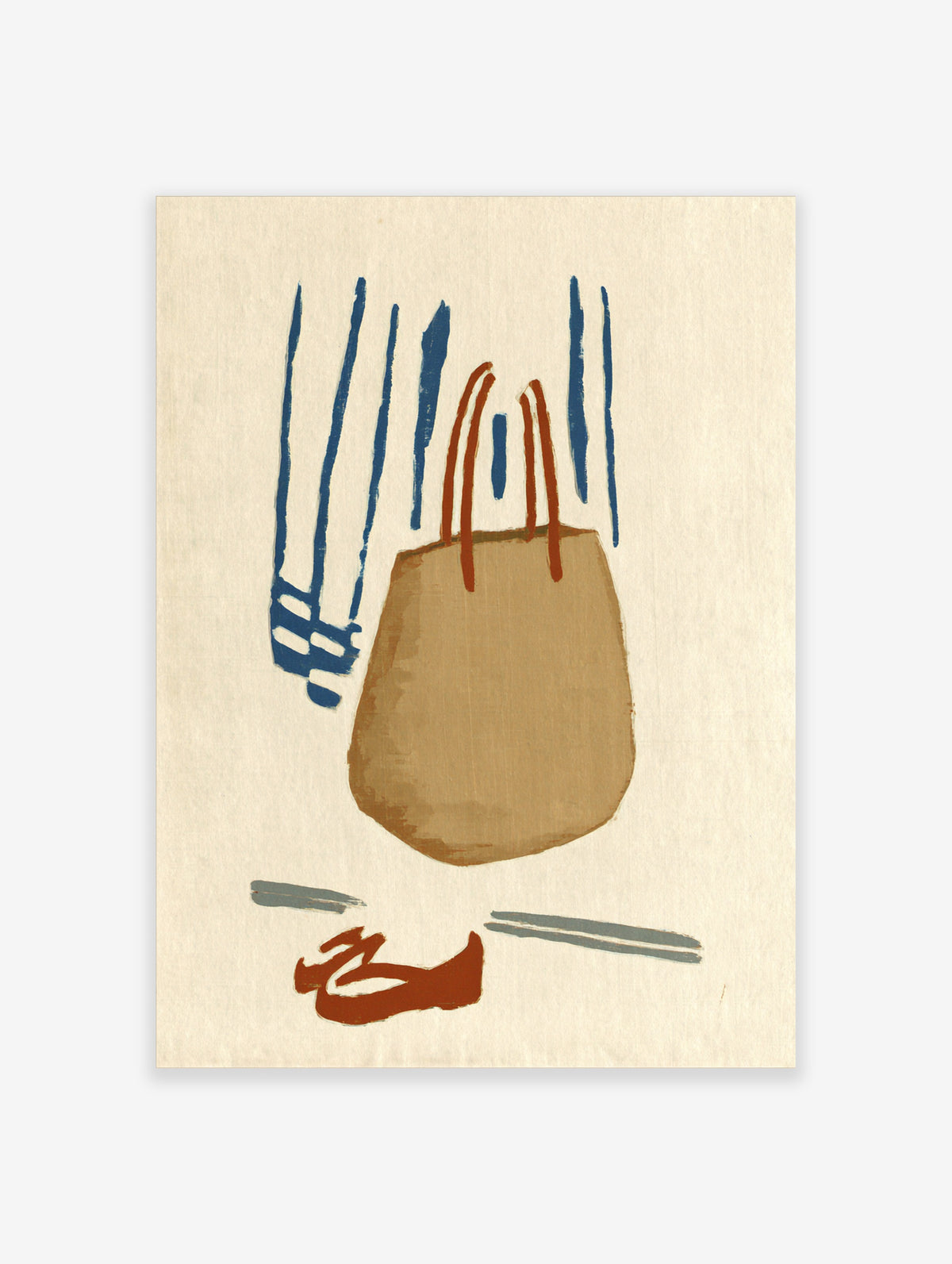 Brown tote bag with red handles, blue vertical lines, and red brushstroke on cream background