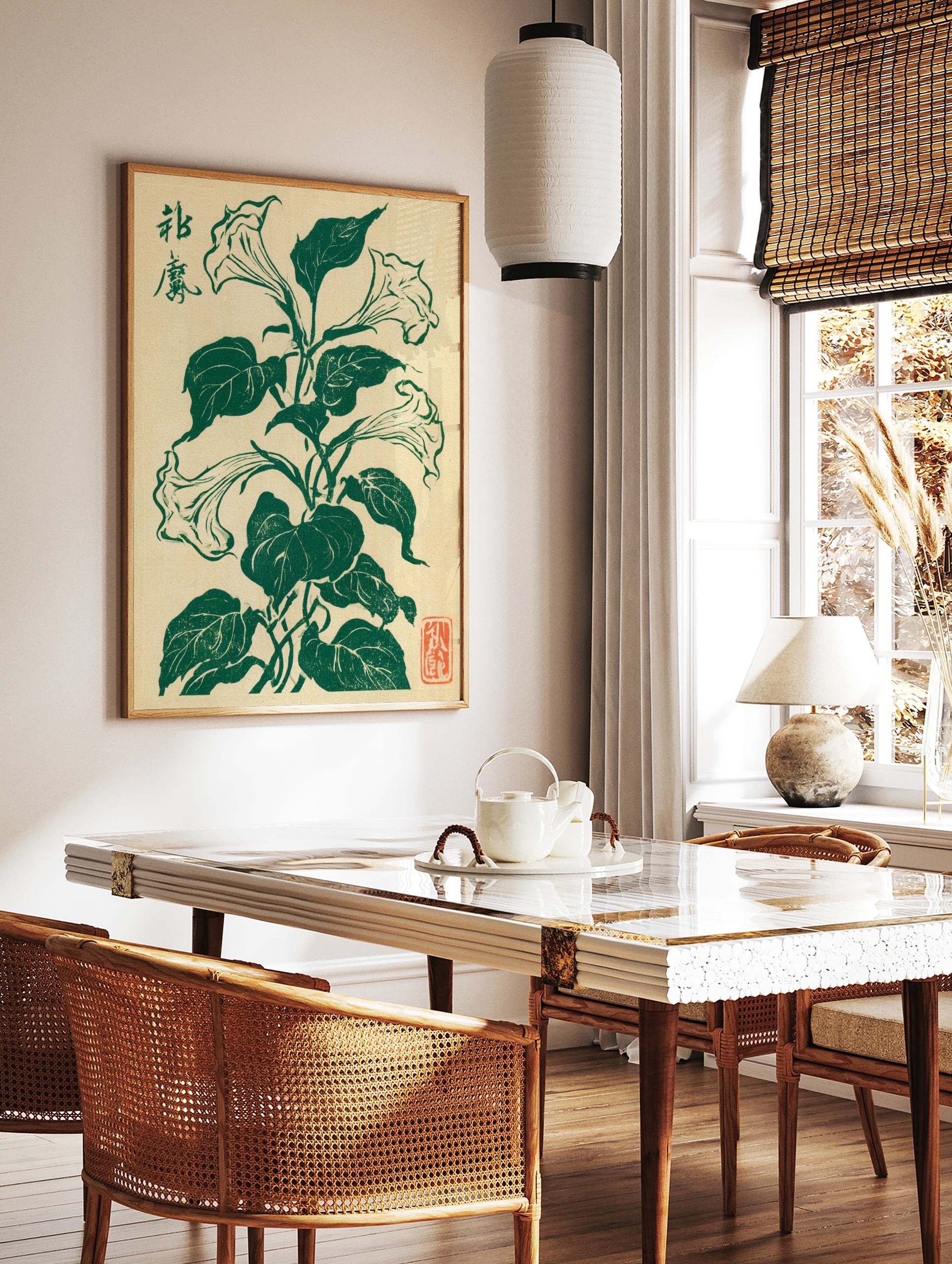 Brugmansia flower botanical illustration in deep green ink on cream paper with Japanese calligraphy, in a styled room mockup