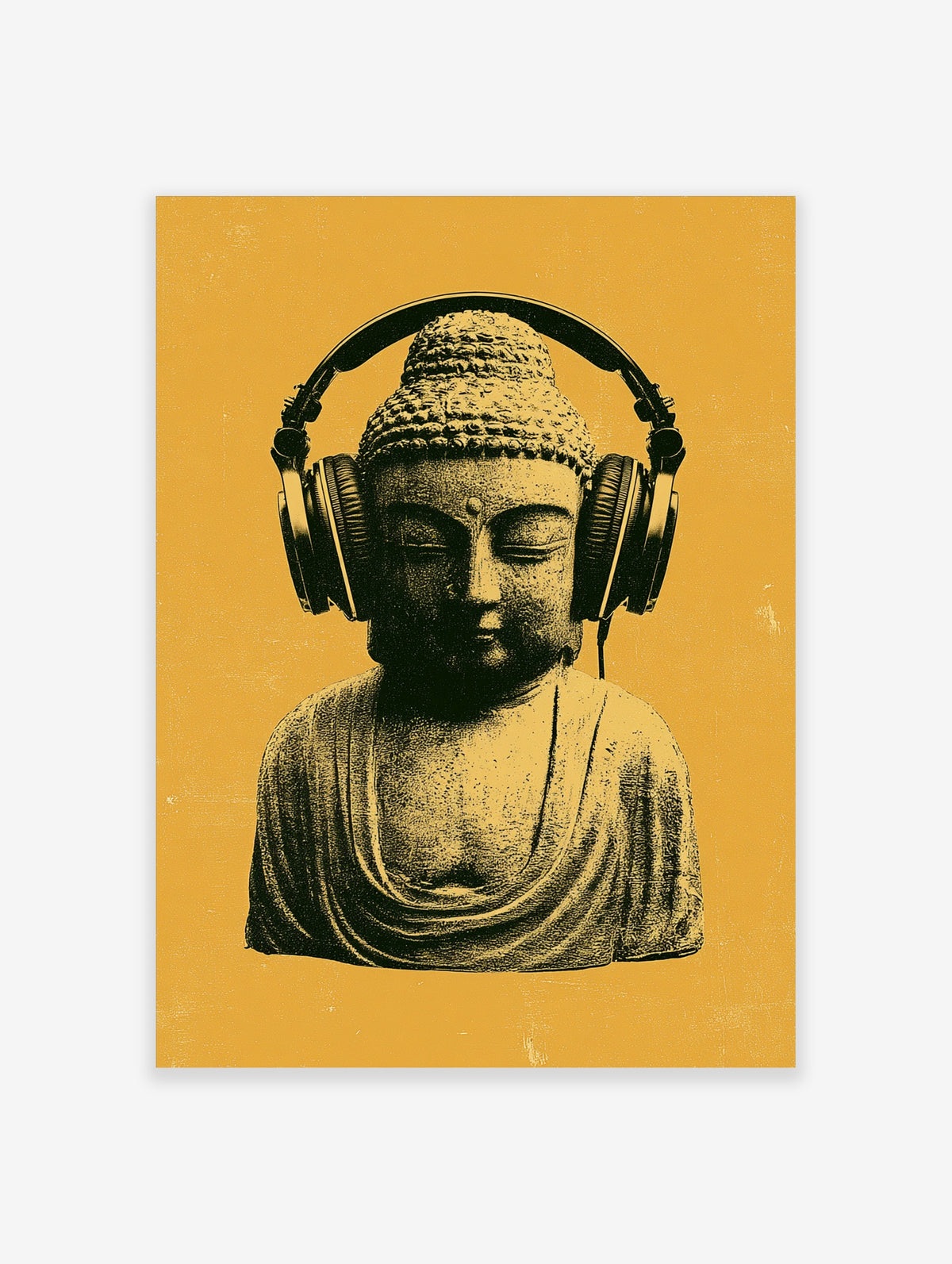 A stylized Buddha bust wearing over-ear headphones against a vibrant mustard yellow background, artistic wall art print