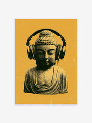 A stylized Buddha bust wearing over-ear headphones against a vibrant mustard yellow background, artistic wall art print