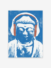 Illustrative print of a Buddha statue wearing headphones in blue and white on a textured background