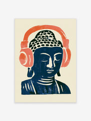 Stylized Buddha head illustration wearing large coral headphones on a cream background, modern graphic art print