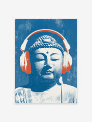 Buddha head illustration wearing large orange headphones on a textured blue background, pop art style poster