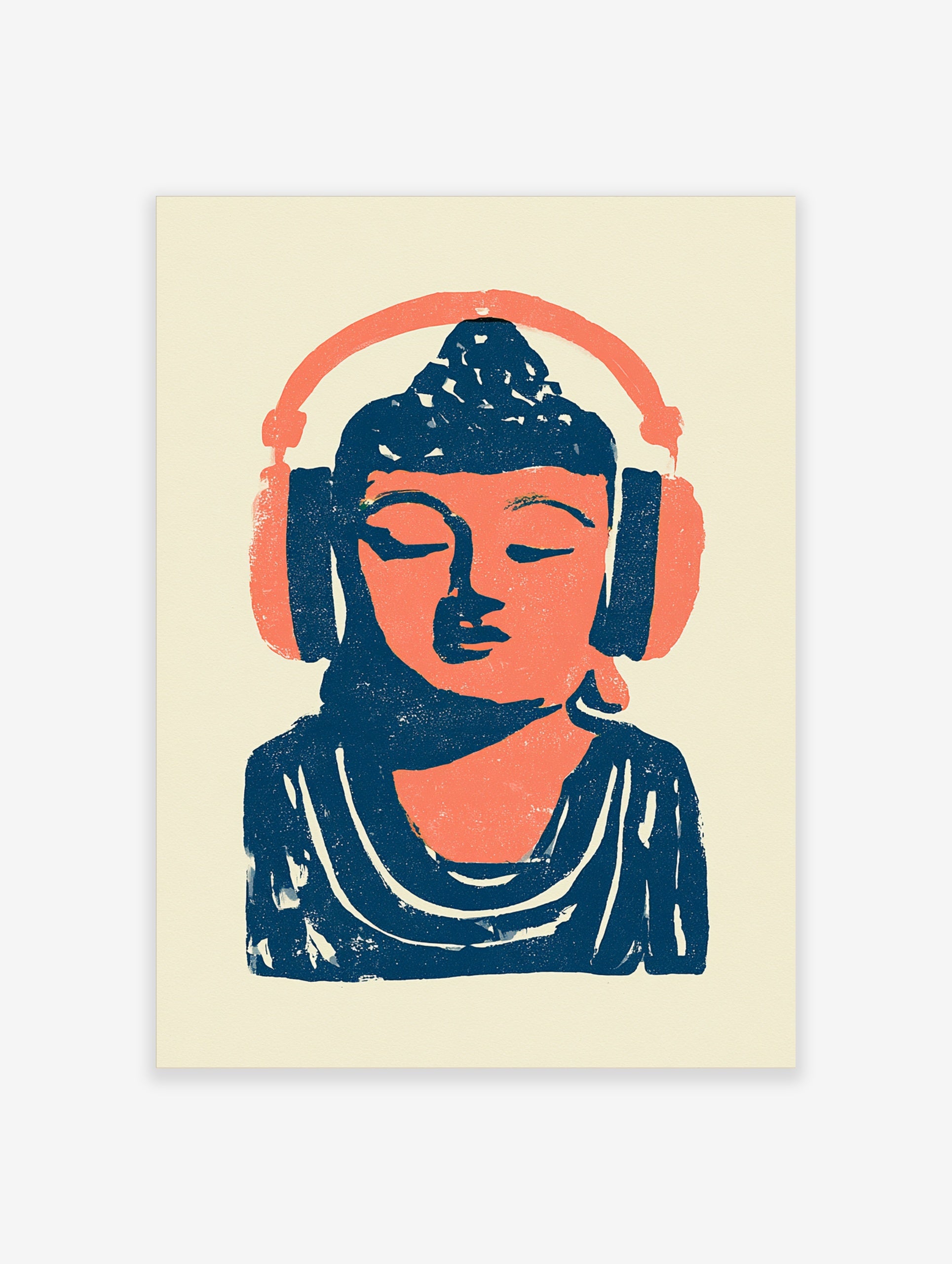 Stylized illustration of Buddha wearing headphones in vibrant orange and deep blue on a cream background