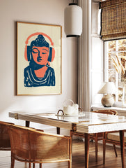 Stylized illustration of Buddha wearing headphones in vibrant orange and deep blue on a cream, in a styled room mockup