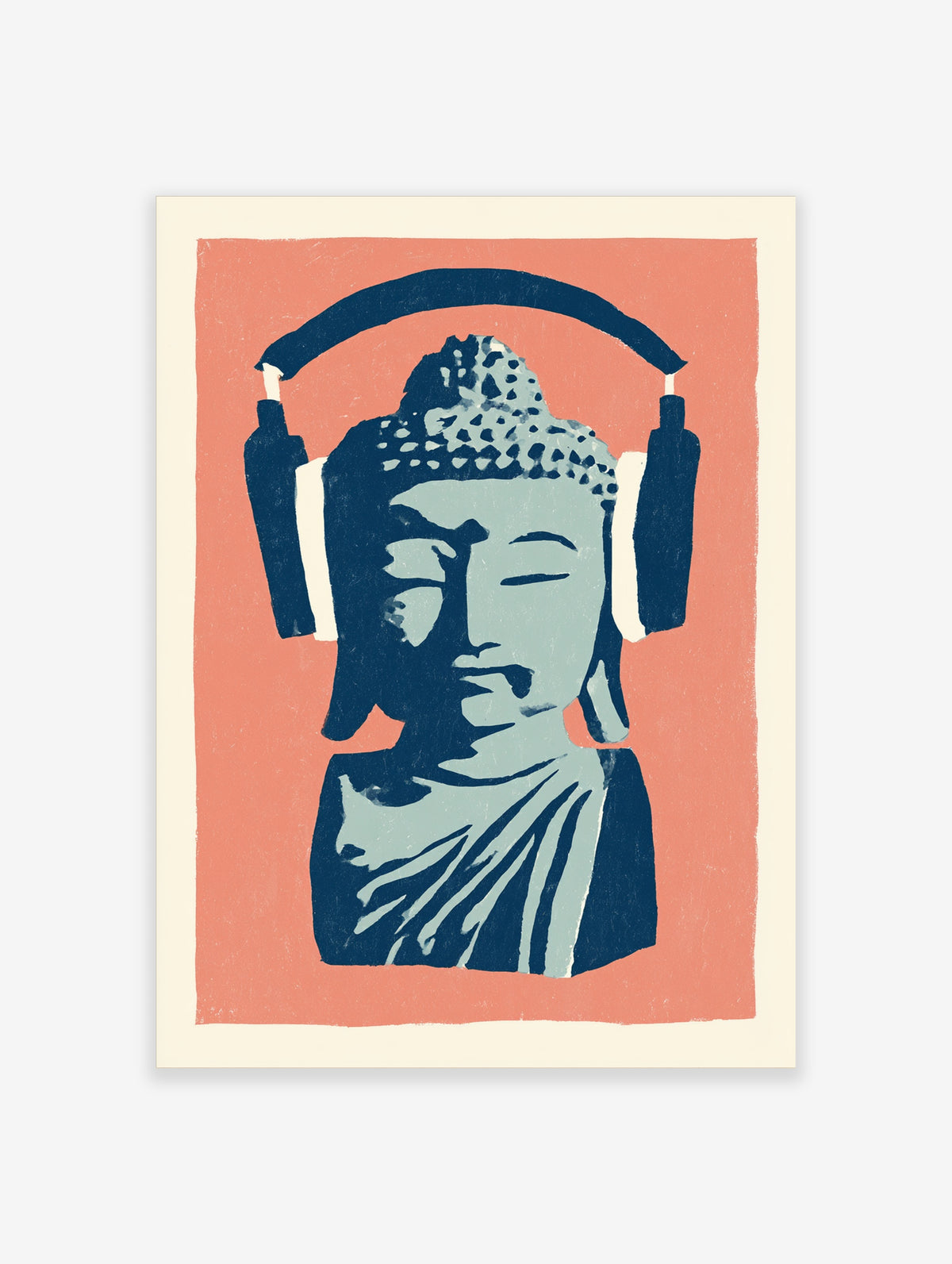 Stylised blue Buddha bust wearing large navy headphones on a coral pink background, illustrative wall art print